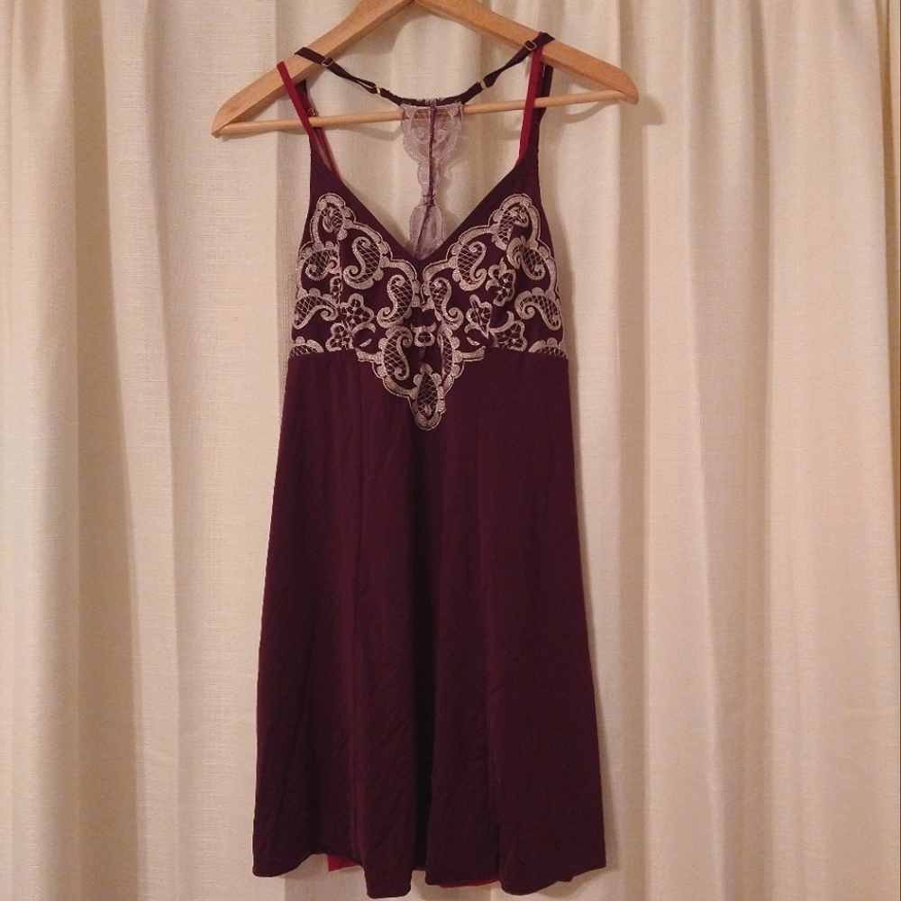 2PC@SOMA Elegant Lace Trim Burgundy Nightgown